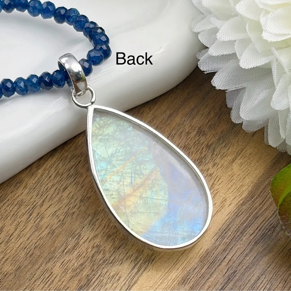 Large Pure Sterling Silver 925 Rainbow Moonstone Pendant Necklace Boho New